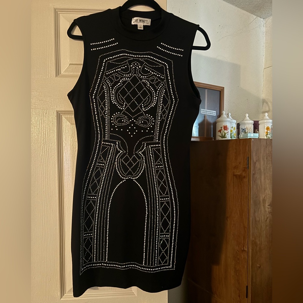 Say What? Black Mini Dress with Silver beaded pattern.